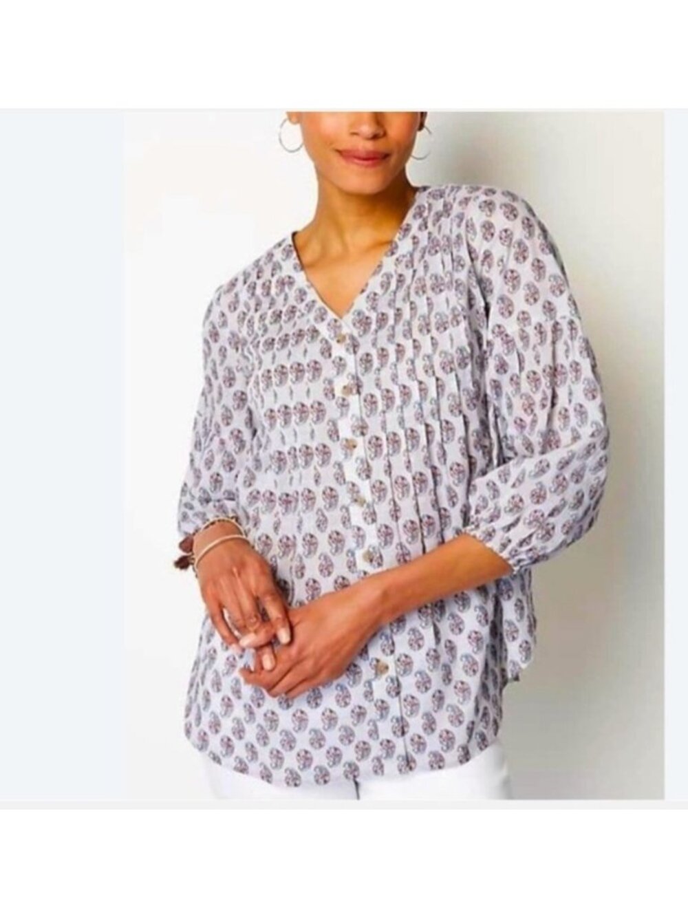 J. Jill Madeira Pintuck Paisley Cotton Blouse Boho Blue Tan Sz XL Peasant EUC!